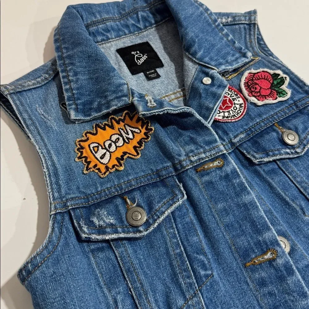 Art Class Blue Denim Vest with Vibrant Patches